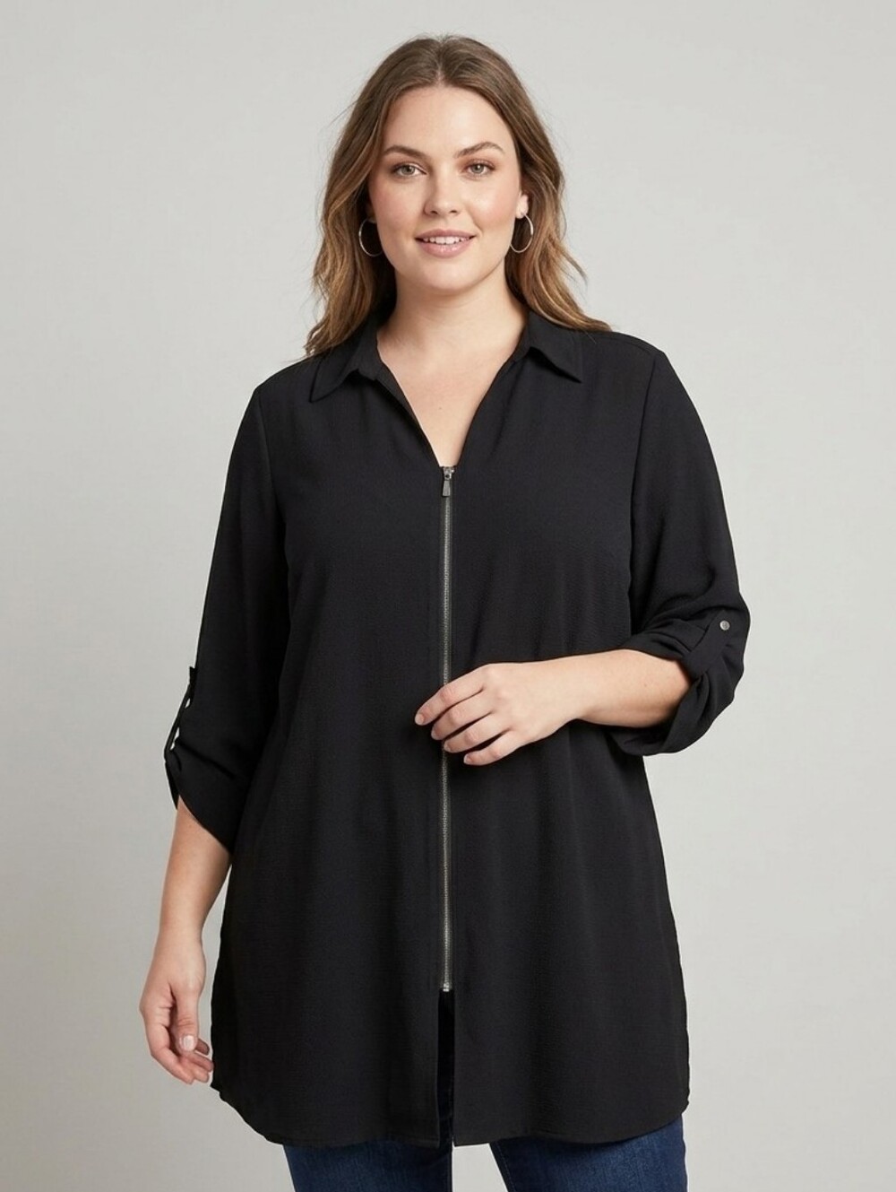 Michel Studio Black Zip-Front Tunic Top/Lightweight Jacket,Roll-Tab Sleeves, 24